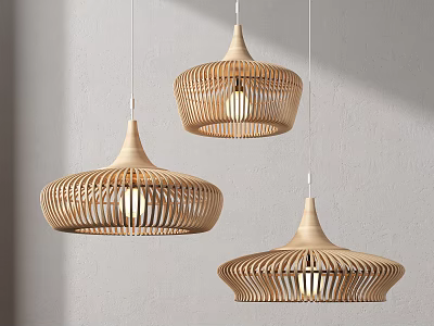 Three Minimalist Modern Woven Pendant Lights With Dome Shaped Design Hanging On Light Colored Wall 3d model