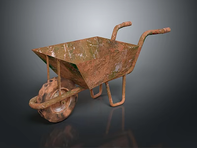 Old Rusty Metal Wheelbarrow Featuring Single Wheel And Worn Handles 3d model