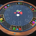 Round Roulette Game Table With Blue Tabletop Wooden Edge And Blue Cushioned Wheeled Chairs