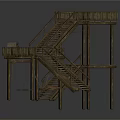 Wooden Elevated Platform Structure With Multiple Staircases And Layered Railings