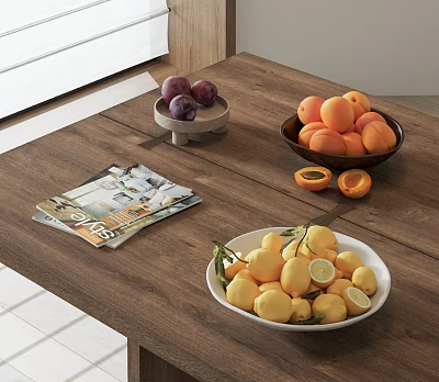 Fresh Lemons Apricots And Plums On Wooden Table With Bowls And Magazine 3d model