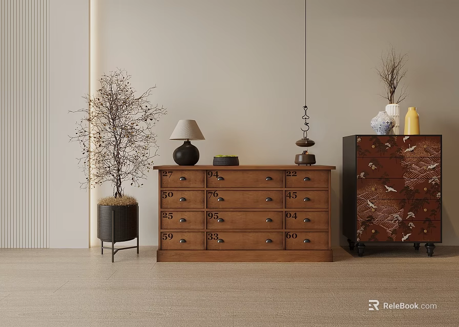 Natural Style Entryway Cabinet And Side Cabinet Interior With Wooden Drawers Lamp And Decorative Plants 3d model 