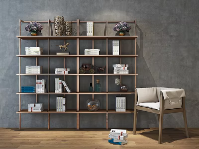 Wooden Shelving Unit with Books Ornaments Purple Vases and White Cushion Chair against Gray Wall 3d model