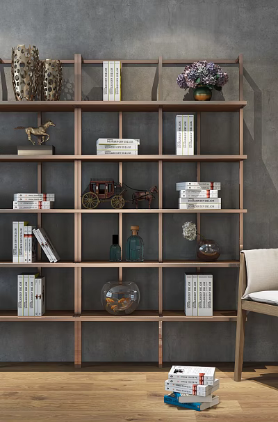 Wooden Shelving Unit with Books Ornaments Purple Vases and White Cushion Chair against Gray Wall 3d model