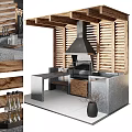 Outdoor Kitchen Cabinets With Wooden Doors Stone Countertops Grill And Black Range Hood