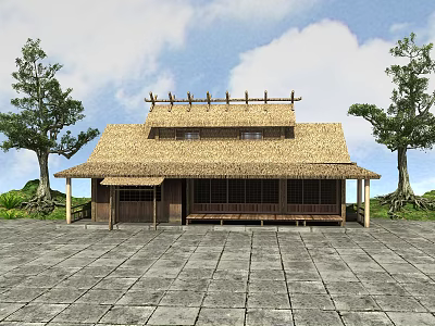 Traditional Wooden House With Thatched Roof Surrounded by Trees and Front Stone Pavement 3d model