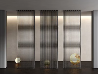 Three Black Grid Partitions in Modern Interior Space With Warm Lighting Behind 3d model