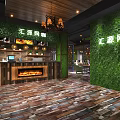 Modern Internet Cafe With Wooden Elements Green Plants Computers Comfortable Tables Chairs and Warm Lighting