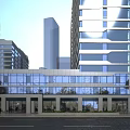 Modern Urban Commercial Complex With Glass Curtain Walls And Ground Floor Shops And Pedestrian Activity