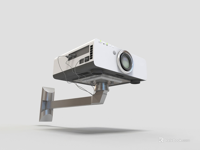 Wall Mounted Projection Monitoring Projector with Metal Bracket and Connected Cables in Gray Background 3d model 