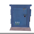 Industrial Equipment Blue Cabinet With Lockable Door Cooling Fins And Safety Icons