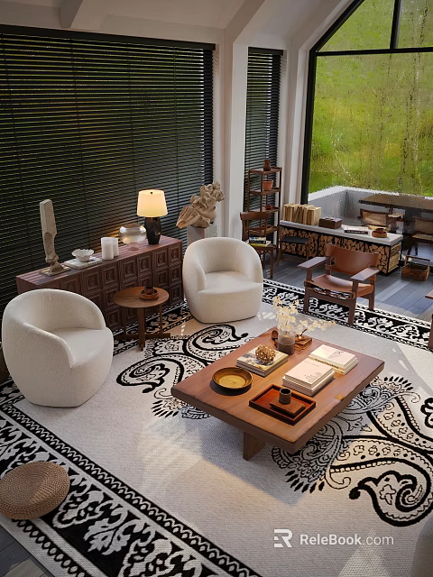 Modern Living Room Interior With White Armchairs Wooden Coffee Table And Patterned Rug 3d model 