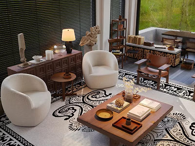 Modern Living Room Interior With White Armchairs Wooden Coffee Table And Patterned Rug 3d model