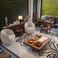 Modern Living Room Interior With White Armchairs Wooden Coffee Table And Patterned Rug