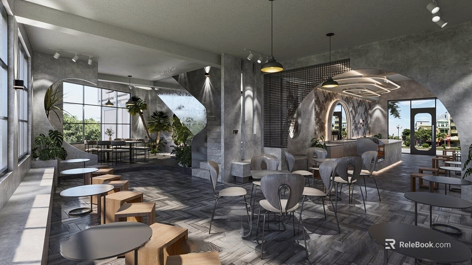 Modern Café Interior Design With Round Tables Comfortable Chairs Hanging Lights And Green Plants 3d model 