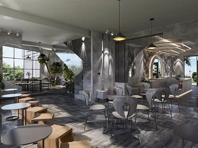 Modern Café Interior Design With Round Tables Comfortable Chairs Hanging Lights And Green Plants 3d model