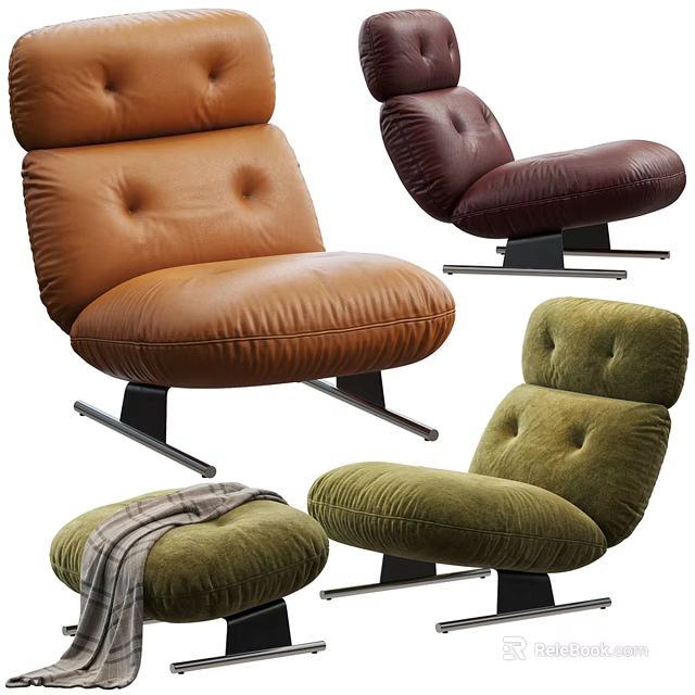 Modern Tufted Upholstered Leisure Lounge Chair In Multiple Colors With Sturdy Metal Base And Footstool 3d model 