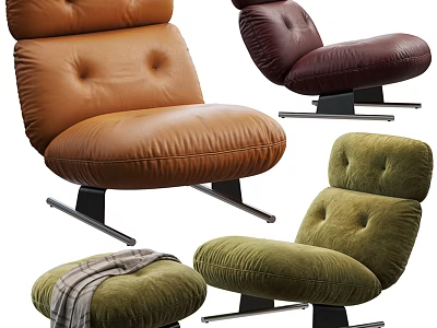 Modern Tufted Upholstered Leisure Lounge Chair In Multiple Colors With Sturdy Metal Base And Footstool 3d model