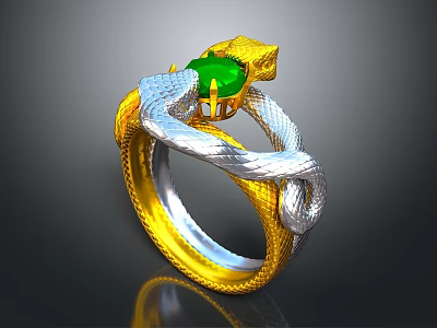 Snake Design Ring With Gold And Silver Wrapping And Green Gemstone 3d model