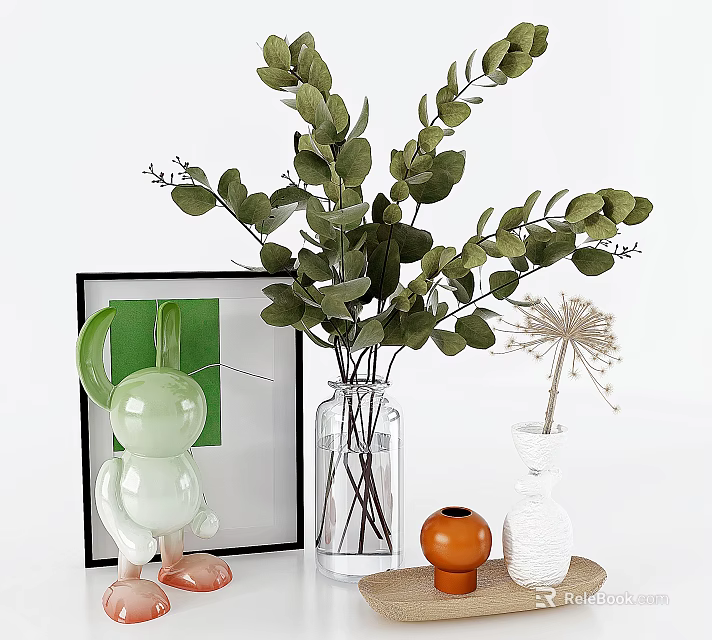 Glass Vase With Eucalyptus Leaves And Decorations 3d model