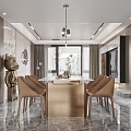 Elegant Modern Living Dining Room Interior With Marble Wall Sofa Dining Chairs And Decorative Bear Statue