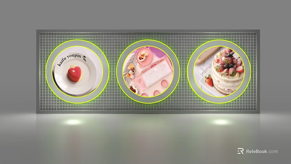 Grid Patterned Backdrop Displaying Happy Wedding Plate Heart Dessert And Fruit Topped Cake 3d model
