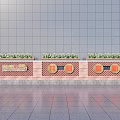 Red Brick Feature Wall With Circular Decorations Green Plants And Grey Base 3d model