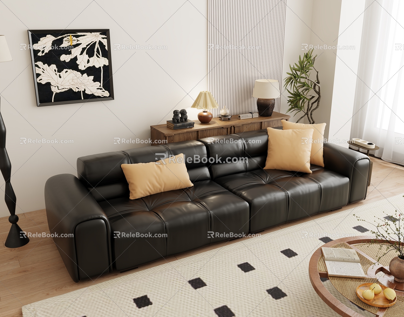 Minotti Black Leather Multiplayer Sofa Vintage Simple Living Room Leather Sofa Combination 3d model