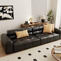 Black Leather Sectional Sofa with Yellow Pillows Wooden Side Table and Wall Art