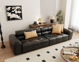 Minotti Black Leather Multiplayer Sofa Vintage Simple Living Room Leather Sofa Combination 3d model