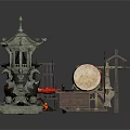 Traditional Decorative Ornament Set With Tower Incense Burner Small Cart Drum Windmill Stand