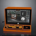 Orange Electronic Workstation with Screen Displaying 3D Model Interface and Keyboard Mouse Area