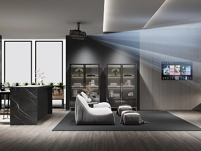 Modern Home Theater Room Interior Design With White Sofa Projector Storage Cabinets And Large Windows 3d model