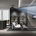 Modern Home Theater Room Interior Design With White Sofa Projector Storage Cabinets And Large Windows