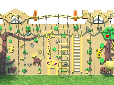 Kindergarten Outdoor Playground Climbing Wall With Animal Shapes Ladder Rope And Green Grass 3d model