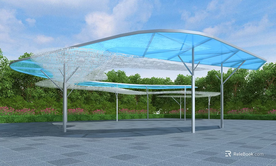 Modern Pergola With Blue Transparent Roof And White Supports In Green Outdoor Space 3d model 