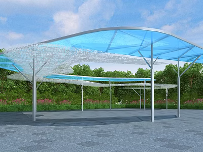 Modern Pergola With Blue Transparent Roof And White Supports In Green Outdoor Space 3d model