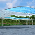 Modern Pergola With Blue Transparent Roof And White Supports In Green Outdoor Space