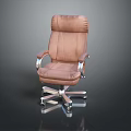 Brown Leather Office Chair With High Back Silver Arms And Five-Point Caster Base