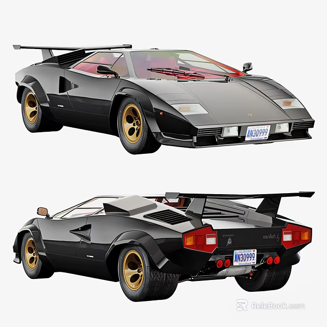 Detailed Classic Black Sports Car With Gold Wheels Rear Spoiler And Sleek Design 3d model 