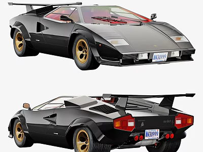 Detailed Classic Black Sports Car With Gold Wheels Rear Spoiler And Sleek Design 3d model