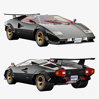 Detailed Classic Black Sports Car With Gold Wheels Rear Spoiler And Sleek Design 3d model