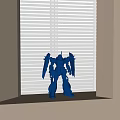Detailed Blue Robot Sculpture Standing By Window With White Blinds Background