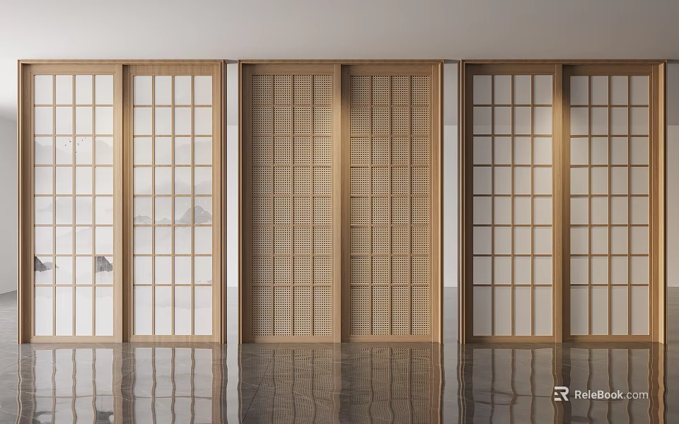 Wooden Sliding Doors With Lattice Design In Modern Interior Reflective Floor Space 3d model 