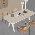 Modern White Dining Table Set With Four Chairs Fruit Bowl Floor Lamp And Potted Plant