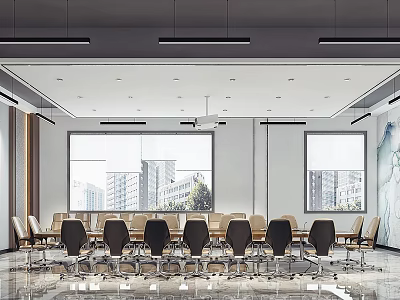 Modern Conference Room Interior With Large Meeting Table Ergonomic Chairs And Floor To Ceiling Windows 3d model