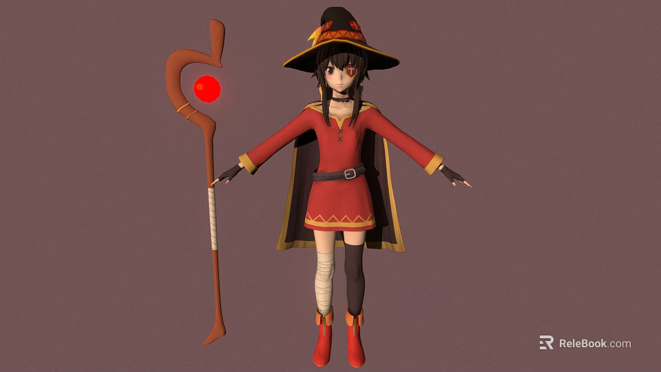 3D Witch Character Wearing Red Robe Black Hat Holding Staff With Red Orb 3d model 