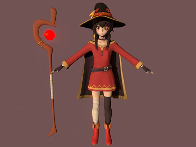 3D Witch Character Wearing Red Robe Black Hat Holding Staff With Red Orb 3d model