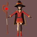 3D Witch Character Wearing Red Robe Black Hat Holding Staff With Red Orb