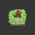Cartoon Scene of Red Roof House Surrounded by Lush Green Trees and Wooden Platform